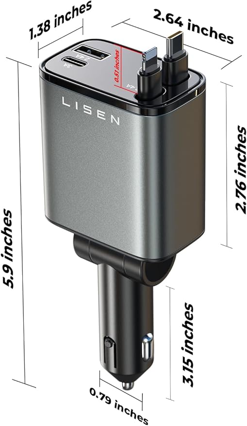 LISEN Long Retractable Car Charger 4 in 1 (47.2in Cable), 69W USB C Car Charger for Truck & Uber Drivers, Truck Accessories Fast Charging for iPhone 17 16 15 14 13 12 11 X Series, Uber Signs for Car