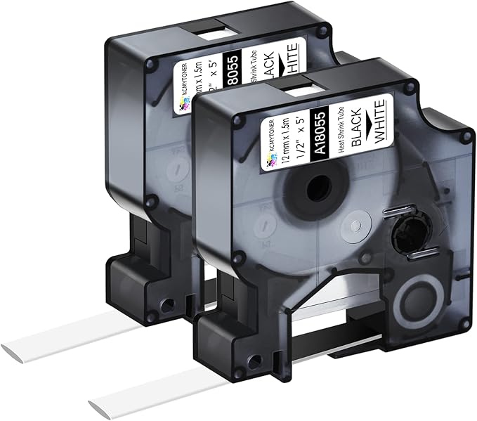 2 Pack Compatible for Dymo 18055 Heat Shrink Tubes Black on White12mm 1/2 Inch Label Tape for Wires Cables Used in Rhino Pro 3000, 4200, 5200, 5000, 6000 Industrial Label Makers