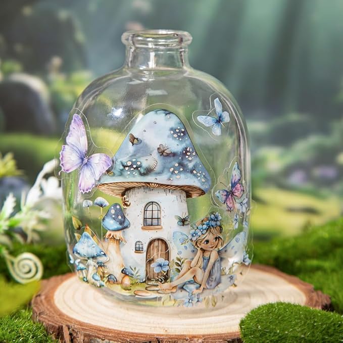 Dwpetzo Scrapbook Fairy Stickers for Scrapbooking Supplies, 80 Pcs Transparent PET Forest Mushroom House Scenery Stickers Ephemera for Junk Journals, Journaling, Collage, Art Crafts