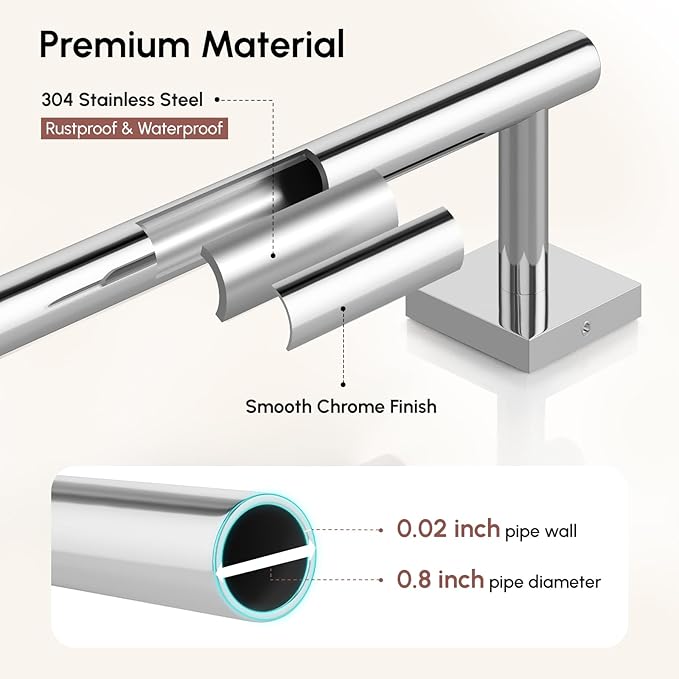 USHOWER Polished Chrome Hand Towel Bar, 9 Inch Towel Racks for Bathroom Wall Mounted, 304 Stainless Steel Towel Holder with Square Base, Modern Home Decor (Total Length 11 Inch)