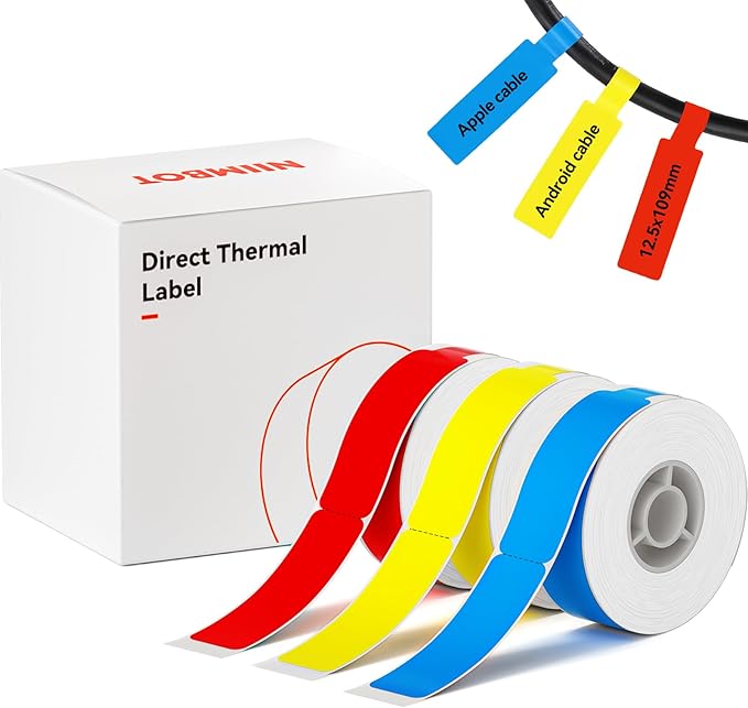NIIMBOT Cable Label Tape for D110/D11/D101 Label Maker, 12.5 x 109 mm (0.49'' x 4.29''), 3 Rolls for Red Yellow Blue, Thermal Label Tape for Home Office Labeling Tape Replacement