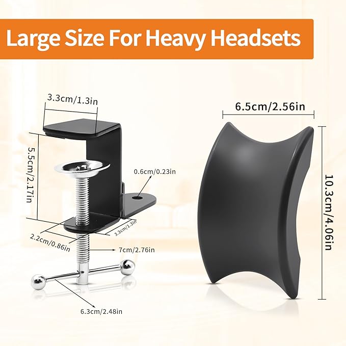 Singzhu Heavy-Duty Metal Headphone Stand Hanger for Large Gaming Headsets - Saddle-Shaped Holder & Desk Clamp (Fits 2in Thick Surfaces) - Durable Steel, Space-Saving Design