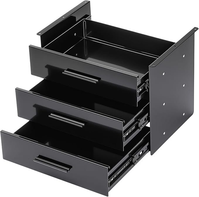 Menkxi 16 Inch Slide out Under Desk Drawer 3 Layer Pull out Desk Organizer Storage Metal Mounted Sliding Hidden Under Counter for Writing Office Sit Stand Workstation, Vertically Stacked, Black