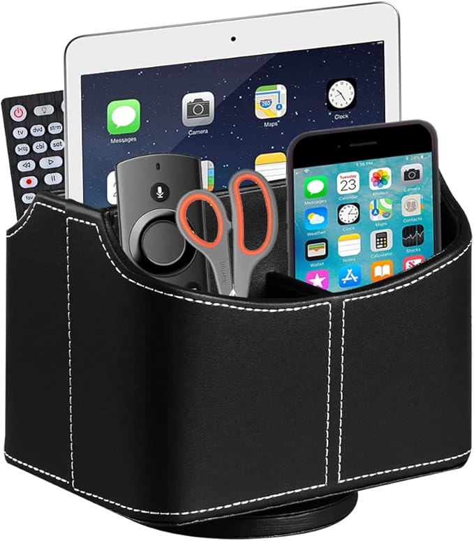 Arniche PU Leather Remote Control Holder,360 Degree Spinning Desk TV Remote Caddy,Desk Organizers and Accessories,for Controller,Media,Mail,Calculator,Mobile Phone,Pen Storage Holder(Black)
