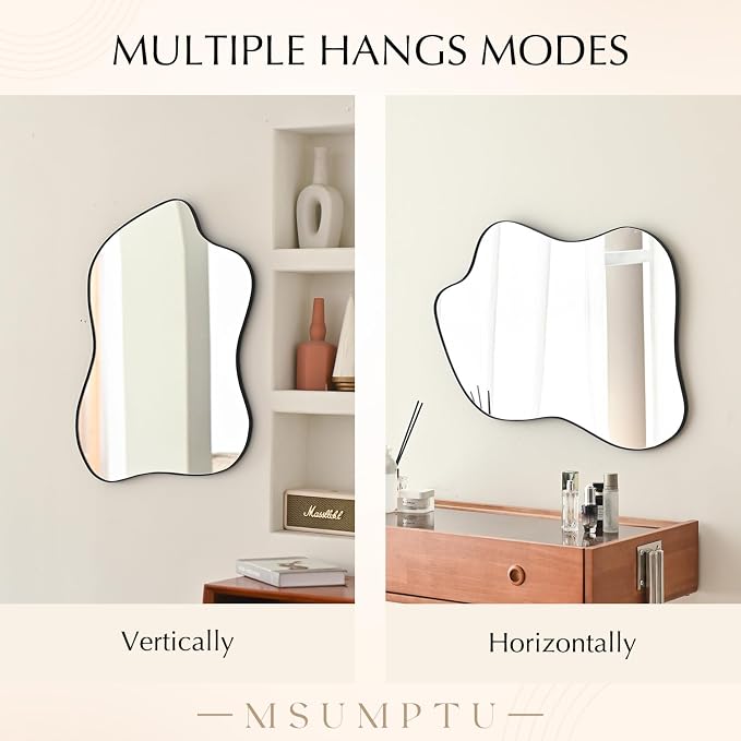 Irregular Wall Mirror Black Wave Shaped Metal Framed Wall Mirror for Bathroom Bedroom Entryway Living Room Wall Decor 34" L x 25.5" W 2302B