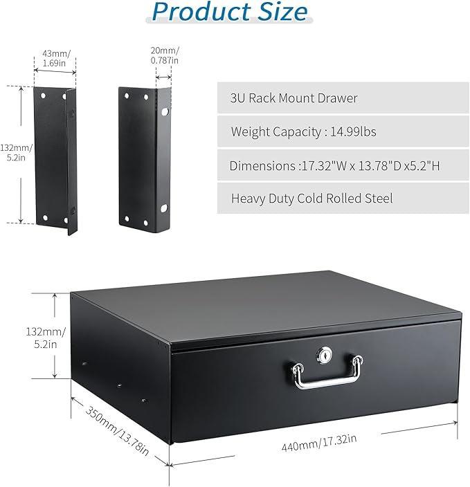 3U Rack Drawer, Rack Mount Drawer Designed for 19-inch Network Equipment, Servers, AV Racks, or Cabinet Enclosures. Sliding and Lockable Server Rack Drawer Features Cable Management Holes