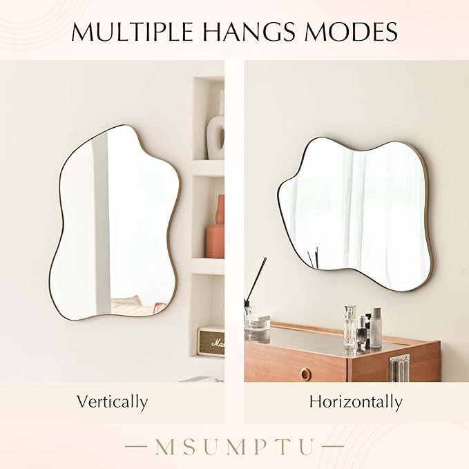 Irregular Wall Mirror Brass Wave Shaped Metal Framed Wall Mirror for Bathroom Bedroom Entryway Living Room Wall Decor 24" L x 18" W 2305G