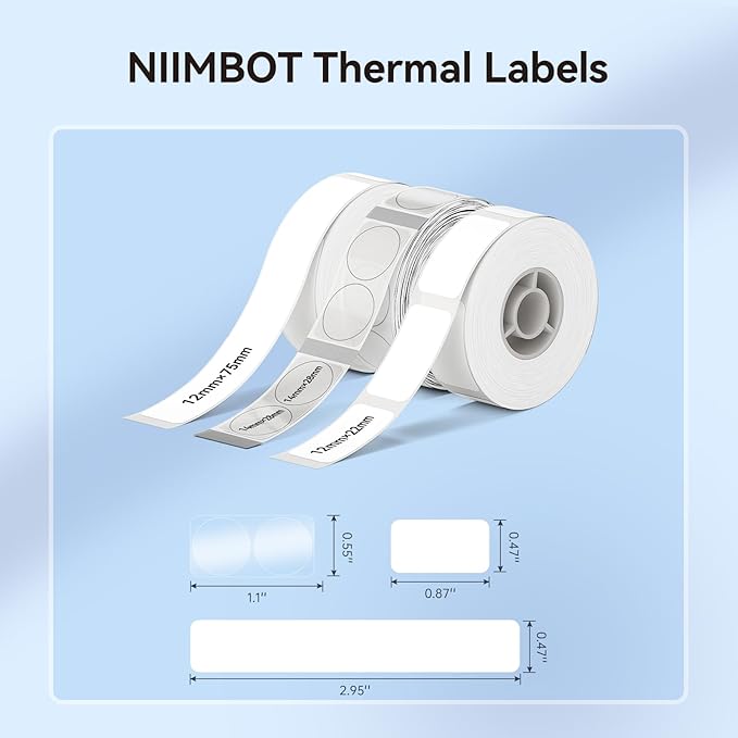 NIIMBOT Label Maker Tape for D110/D11/D101 Label Printer, Multi-Size 3Rolls Pack | 0.47'' x 2.95''White, 0.55'' x 1.1''Transparent Round, 0.47'' x 0.87''White, for Home Office School Labeling