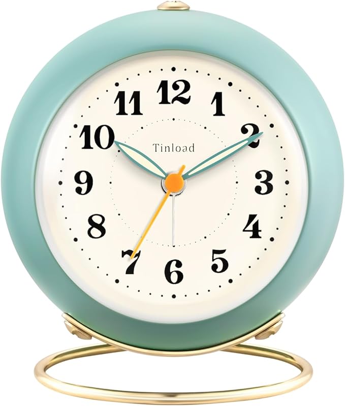Tinload Analog Alarm Clock, Retro Simple Design Small Desk Clock with Manual Light, Battery Operated, Snooze, for Kids,Bedroom,Travel,Kitchen,Bedside Desktop(Green)