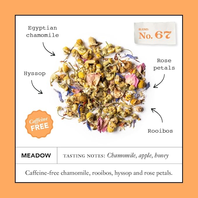 Steven Smith Teamaker Meadow No. 67, Chamomile, Rooibos, Hyssop & Rose Petals, Herbal Tea Blend, Caffeine-Free, Sugar-Free, Sustainably Grown, Tea Bags, 15 Sachets, 0.85oz each
