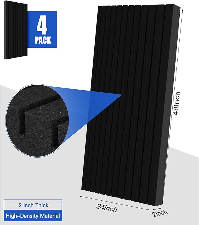 Acoustic Foam Panels, 48 x 24 x 2 inches, 4 Pack Soundproof Foam Wall Panels High Density Noise Canceling Studio for Echo Absorption Home Office (Black 4 Pack, 48" x 24" x 2")