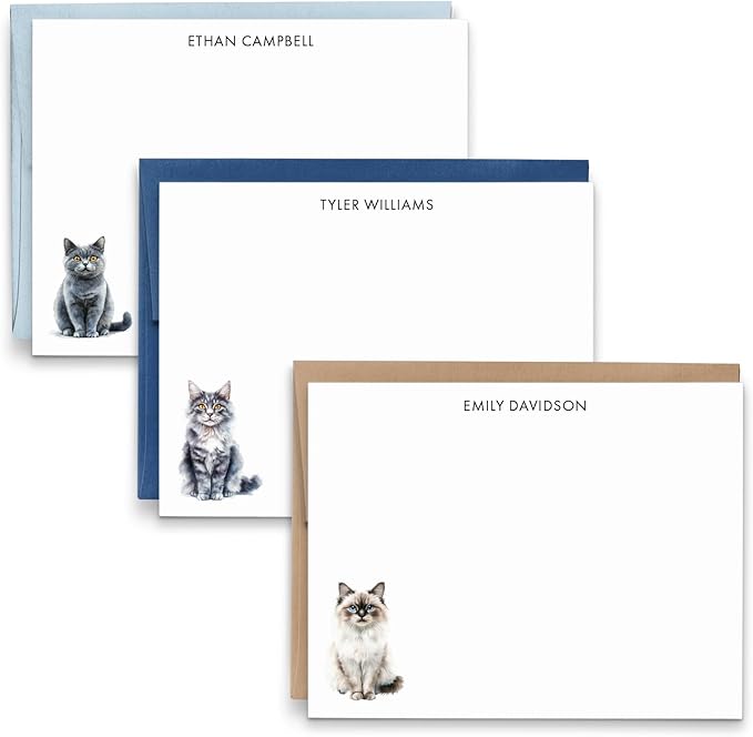 Personalized Stationery Note Cards With Cats, FLAT Watercolor Cat Notecards With Envelopes, Custom Cat Notecard With Name, Cat Lover Stationery Set For Adults, Your Choice of Color and Quantity