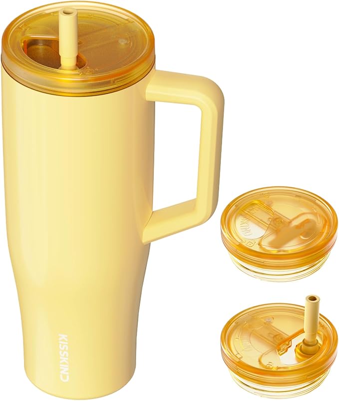 KISSKIND 40 oz Lumispin Tumbler with Handle and Hidden Straw, 100% Leak Proof Water Cup with Handle, Insulated Water Bottle for Travel, Mom, Nurse, Teacher, Student, Butter Yellow