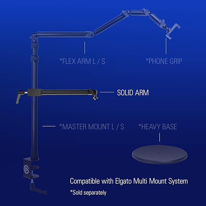 Elgato Solid Arm, Holding Arm with Padded Clamp for Easy Mounting and Adjusting of Lights, Cameras, and Microphones, for Streaming, Videoconferencing, and Studios
