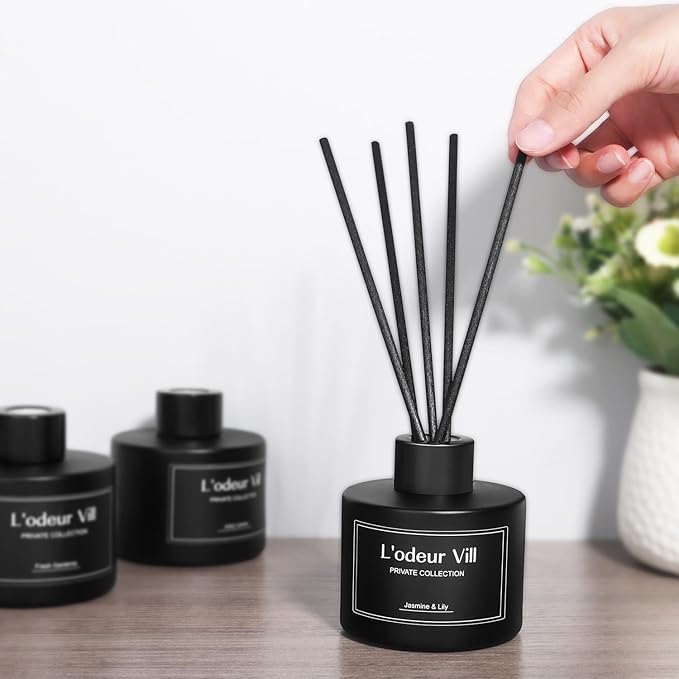 L'odeur Vill Reed Diffuser, 3.4oz(100ml) Jasmine & Lily Reed Diffuser Set with 6 Oil Diffuser Sticks, Matte Black Aroma Scent Diffuser, Long Lasting Home Fragrance for Bathroom Shelf Decor