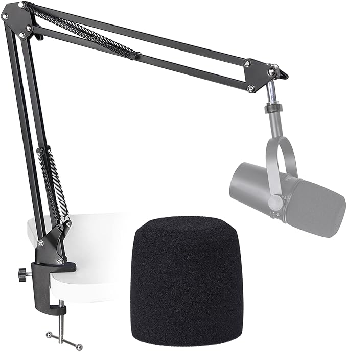 SUNMON MV7 Boom Arm Mic Stand with Pop Filter, Adjustable Suspension Boom Scissor Arm Stand with Pop Filter Compatible with MV7, MV7X adn SM7B Microphone by SUNMON