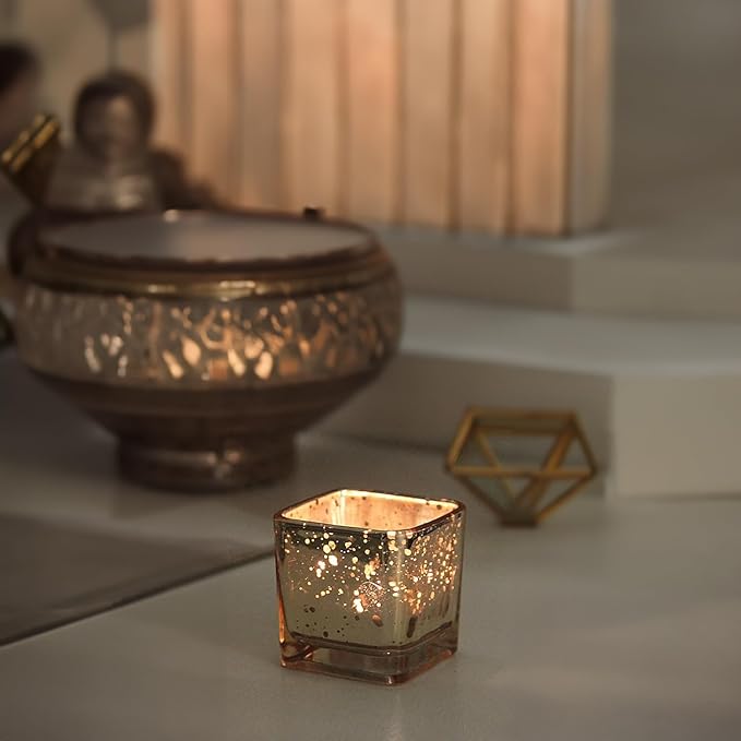 WGV 2 Inch Gold Speckle Square Cube Glass Votive Candle Holder Bulk, Small Tiny Mercury Tea Light 2x2”, 24 Pieces