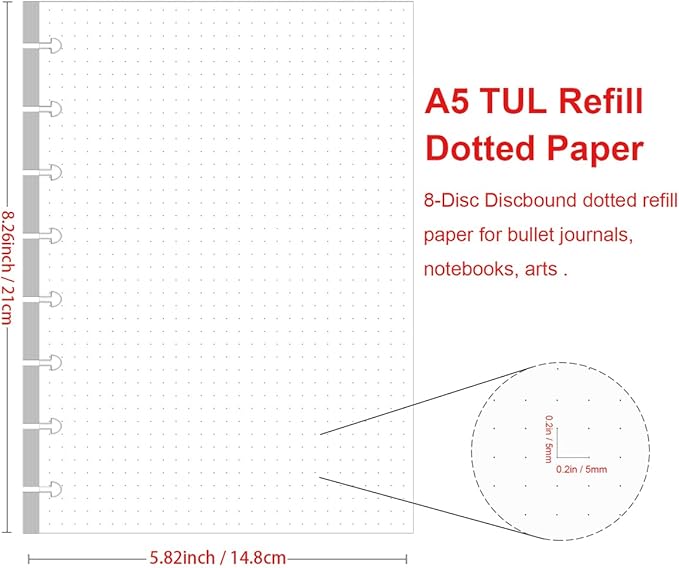 (3-Pack) Junior Size TUL Discbound Dotted Refill Paper, 8-Disc Disbound Insert, 300 Sheets/600 Pages Dot Grid Paper, 100gsm White Paper, 5.8'' x 8.2''