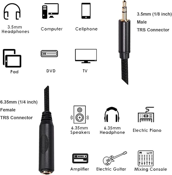 WISYIFIL 1/4 to 3.5mm Headphone Cable Adapter,TRS 6.35mm Female to 3.5mm Male 1/8 to 1/4 Stereo Audio Adapter,for Headphone, Amplifiers, Guitar, Amp etc. Nylon Braided Cable 1ft (30cm)