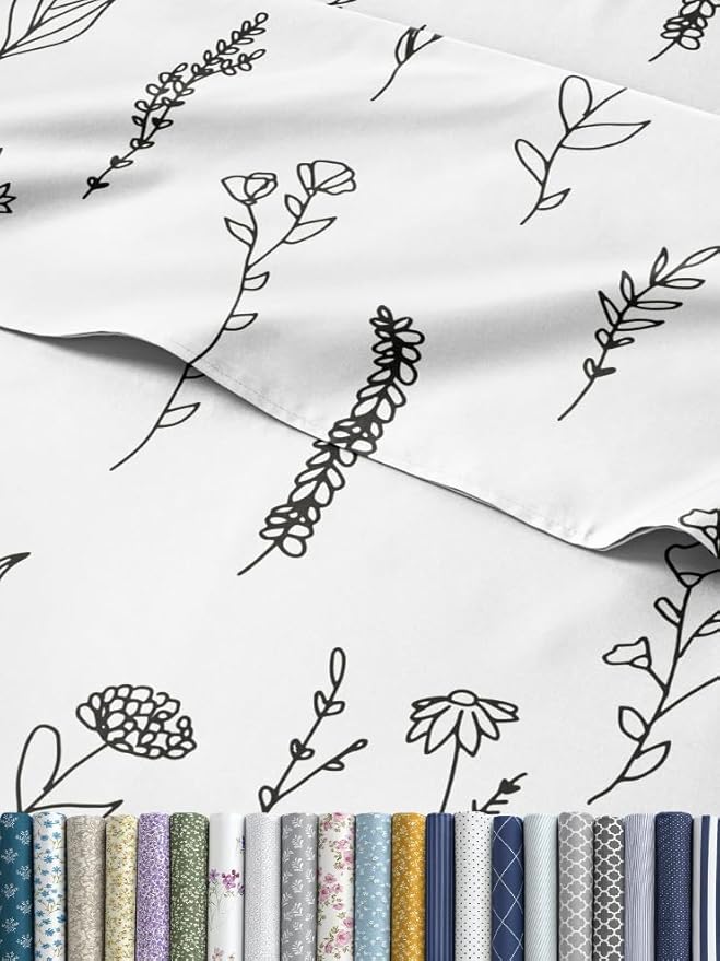 Floral Sheets - Black & White Floral Bed Sheet Set - 1 Flat, 1 Fitted & 2 Pillowcases w/ Deep Pockets - Wrinkle & Fade Free - Boho Botanical Bedding - Ultra-Soft, Breathable & Cooling - Queen Size Set