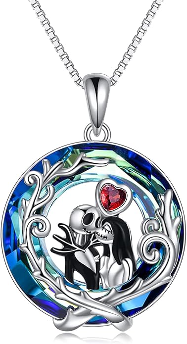 LILALO Christmas Gifts Nightmare Necklace Sterling Silver Abalone Shell Crystal Jack and Sally Necklace Jack Skellington Skull Jewelry Skull Necklaces for Women