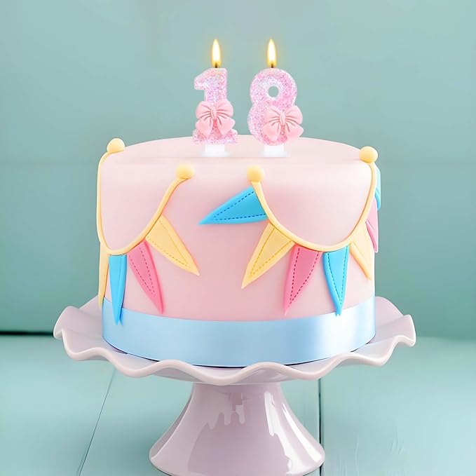 Number 18 Candle Pink Sequins and Bowtie 18th Cake Topper, 18 Birthday Candle for Girls Pastel Sweet Theme Birthday Party or Adults Milestone Age Decoration