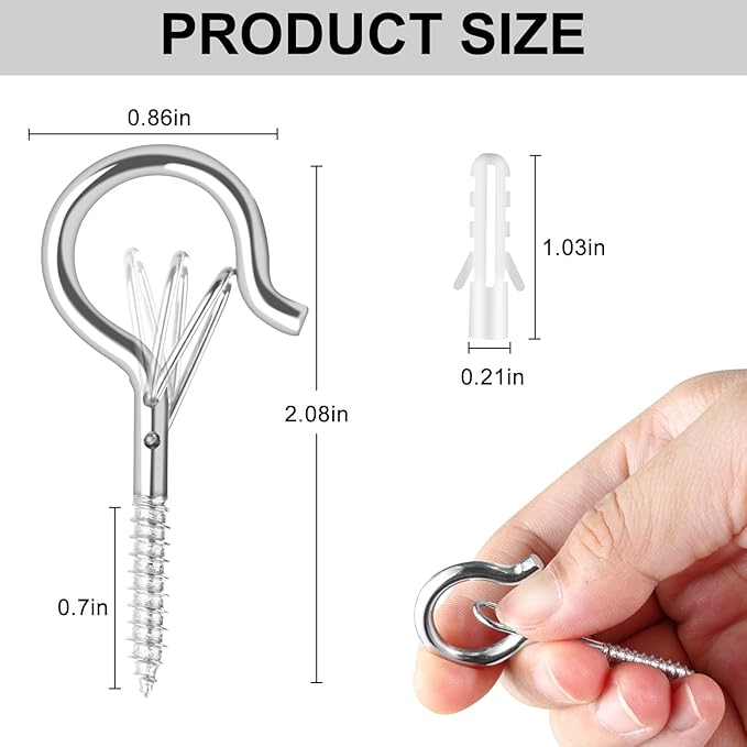 25 PCS Screw-in Hooks for Outdoor String Lights, Q Hangers Hooks Outdoor for Outside, Swivel Hanging Basket Patio Light Hooks with Safe Buckle Screw in Planter Eye Hook for Wall Ceiling, Silver