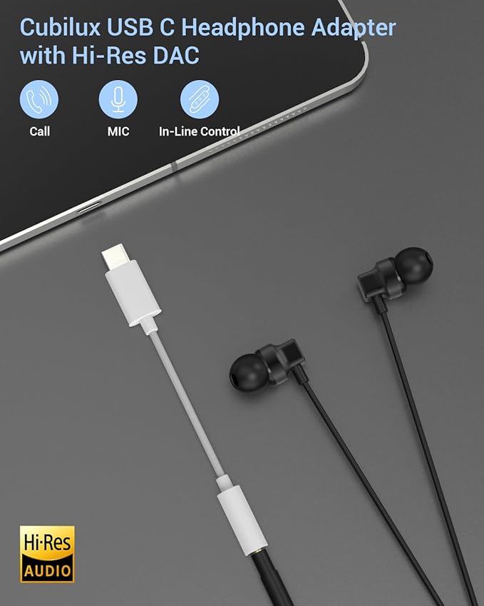 Cubilux USB C Headphone Adapter [192KHz/16-bit DAC] Type C to 3.5mm Audio Dongle for iPhone 17/16/15, iPad Pro 13/12.9/11, iPad Air 13/11, Pixel 10/9/8/7 Pro 9a/8a/7a, Samsung S25/S24, White 2-Pack