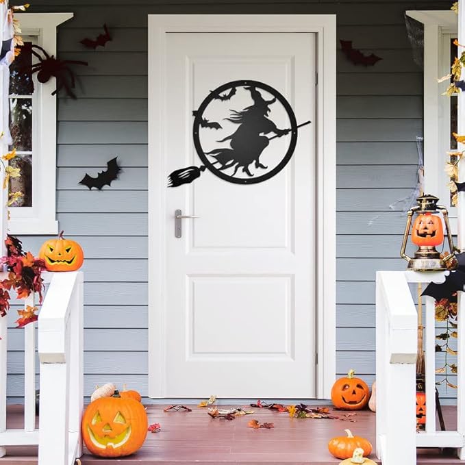 RealSteel Witch Halloween Decoration - Metal Broom Riding Décor - Scary Indoor Outdoor Wall Sign for Haunted Houses - Wicked Witch Flying Porch Art - Flying Bats Front Door Art (30, Orange)