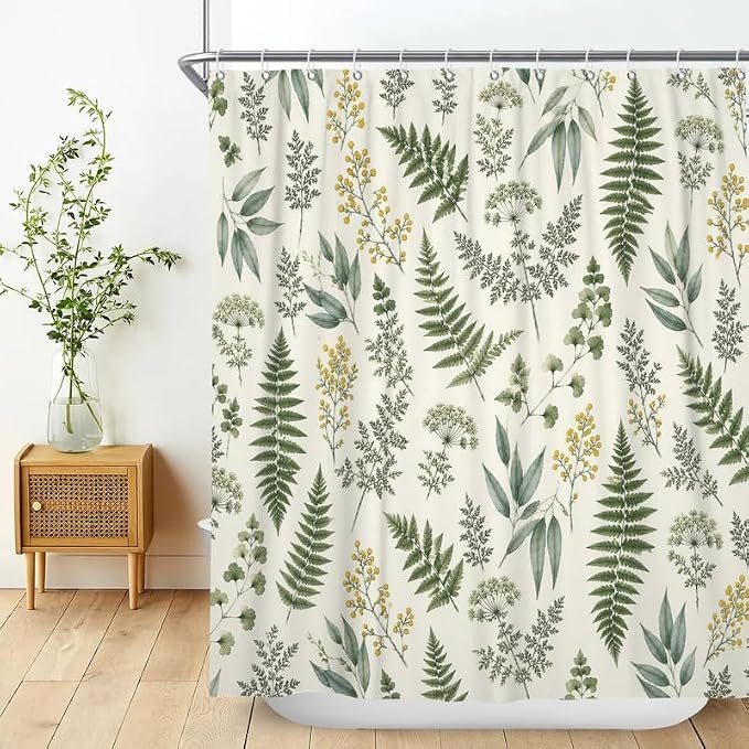 Fern Leaf Vintage Sage Green Shower Curtain Eucalyptus Farmhouse Plant Leaves Rural Floral Botanical Art Natural Waterproof Curtain for Bathroom 66x72 in with 12 Hooks