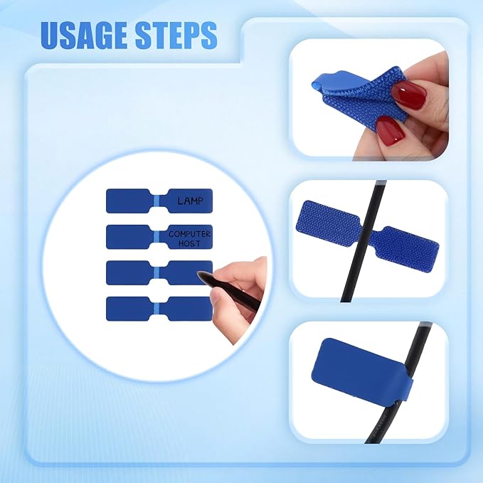 50 Pieces Cord Labels Self-Adhesive Nylon Cable Labels Tags Waterproof Wire Cable Tags or Electronics Office Computers Management and Identification (Blue)