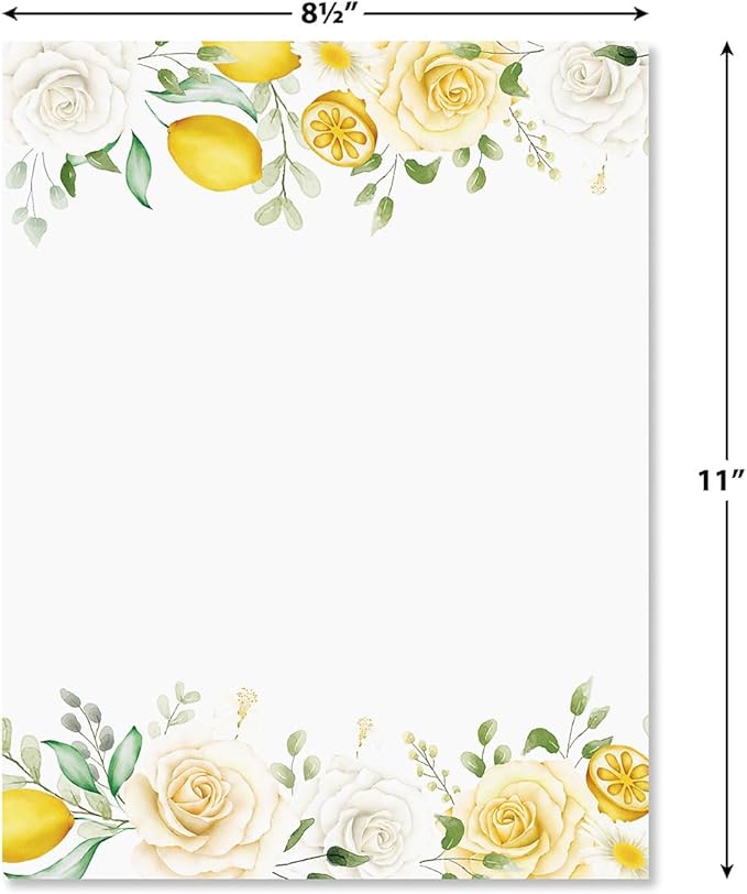 Current Lemon Floral Letter Paper - Spring Stationery Papers With Decorative Flowers and Lemon Border, Printable Holiday, Wedding & Bridal Shower, & Invitation Sheets, Set of 25, 8 1/2" x 11"
