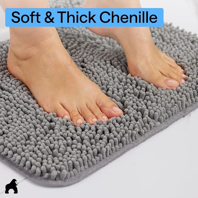 GORILLA GRIP Bath Rug Mat 42x24, Thick Soft Absorbent Chenille, Quick Dry Microfiber Mats, Rubber Backing Washable Shower Floor Rugs, Bathmat Runner, US Designed Bathroom Home Decor Accessories Grey