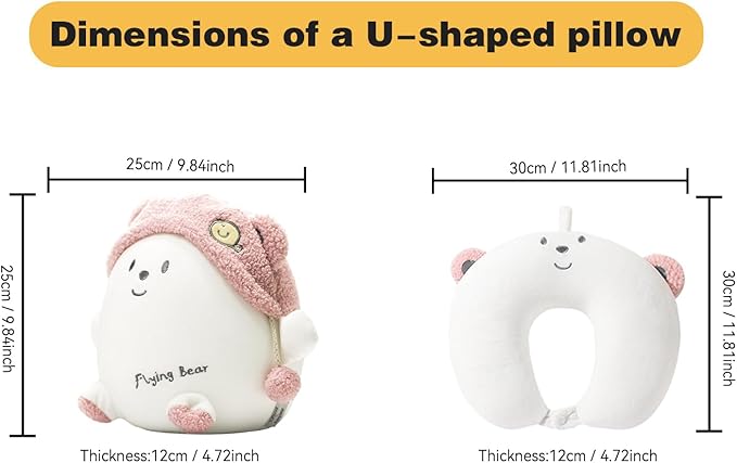 Kids Travel Pillow - 2-in-1 Deformable Kids Neck Pillow for Traveling, Soft U-Shaped Pillow with Adorable Animal Design, Comfy Sleep and Play, Ideal for Airplanes and Cars - Pink Bear