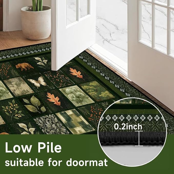 3'x5' Vintage Green Botanical Area Rug Non-Slip Washable Nature Patchwork Carpet Boho Floor Mat Rugs for Entryway Bedroom Living Room Nursery Kitchen Playroom Home Decor