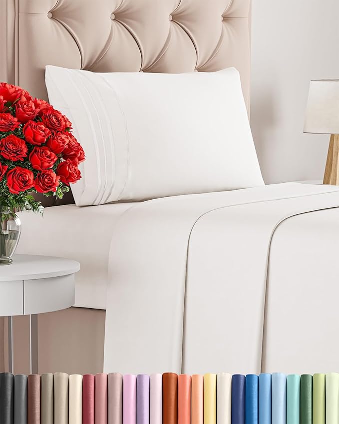 Twin Size 3 Piece Sheet Set - Comfy Breathable & Cooling Bed Sheets Set - Hotel Luxury Bedding for Women, Men, Kids, Teens, Boys & Girls - Deep Pockets, Soft, Wrinkle Free - Oeko-Tex - Antique White