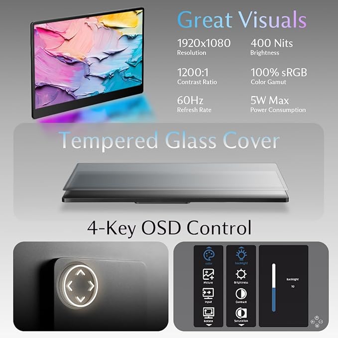 SOTSU FlipAction Go 14" Premium Portable Monitor SFA14PMSB | Robust but Lightweight | Tempered Glass Cover | 1080p | 400 Nits | 100% sRGB | 5W | Super Versatile | USB C or Mini HDMI