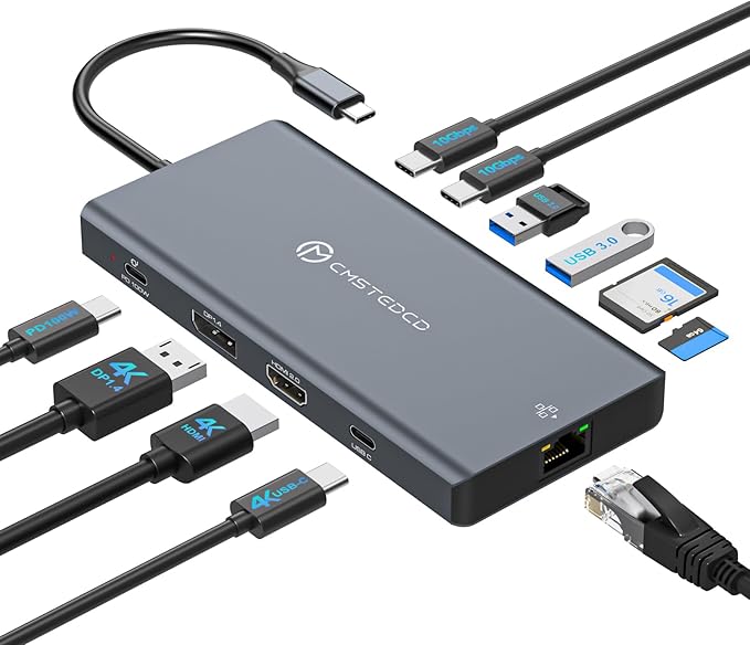 Laptop Docking Station 3 Monitors, 4K@120Hz DisplayPort 4K@60Hz HDMI 4K@60Hz USBC,12 in 1 USB C Video Output for Multiple Monitor Dock USB A 3.0, USB C 3.2 10Gbps Ports 100W PD, SD/TF