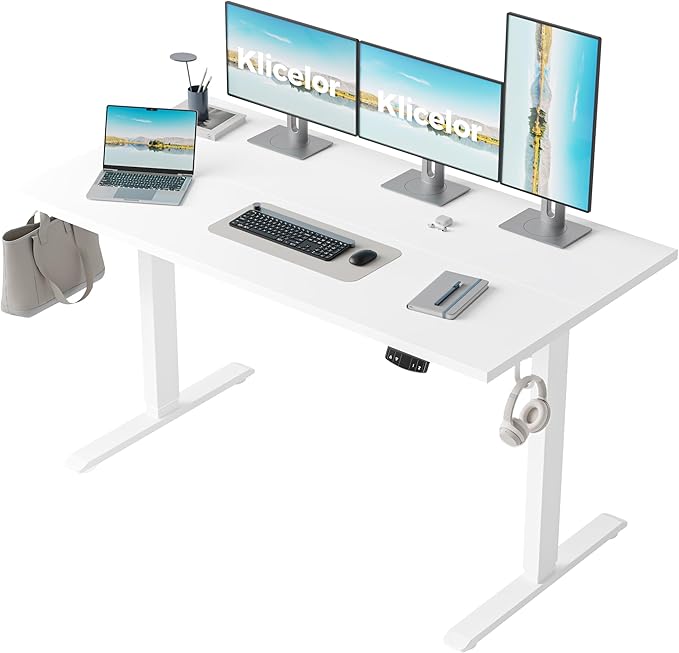 Klicelor 55 Inch Large Electric Standing Desk, Height Adjustable Office Desk, Sit Stand Up Computer Gaming Desk with Memory Preset, Two-Piece Desktop, White