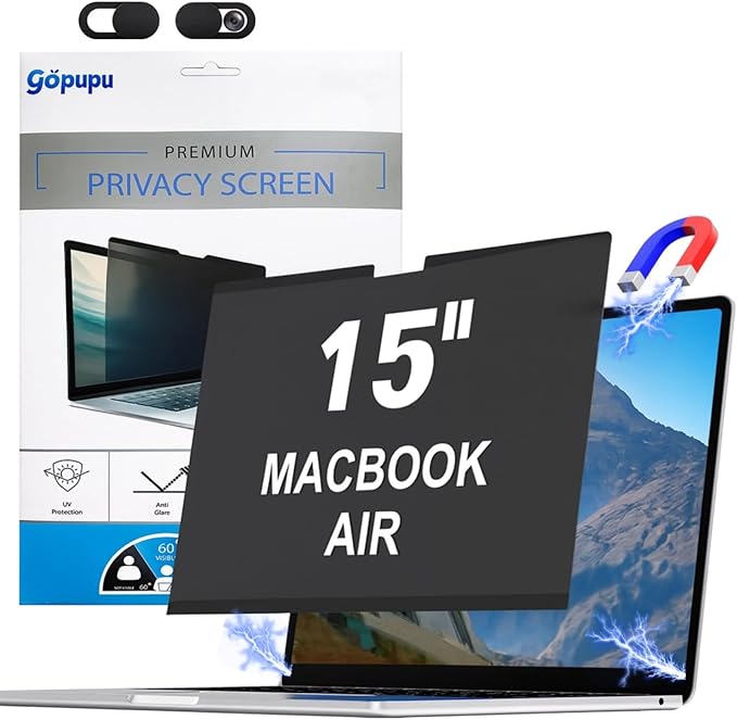 Magnetic Privacy Screen Camera Cover Compatible with MacBook Air 15 Inch 2025 2024 2023 M2 M3 M4 A3114 A3241 Removable Screen Filter MacBook Air 15 inch Screen Protector Anti Blue Light Glare