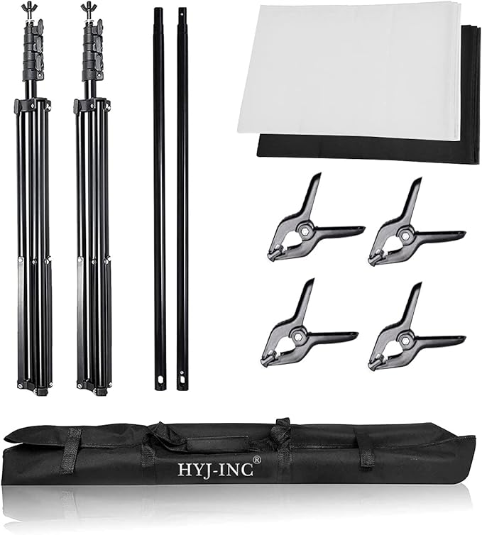 Photo Background Support System with 8.5 x 10ft Backdrop Stand Kit, 100% Cotton Muslin Backdrop (White Black),Clamp, Carry Bag for Photography Video Studio
