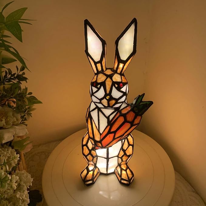 Bieye L10950 Rabbit Holds Carrot Tiffany Style Stained Glass Accent Table Lamp for Home Decor (Brown)