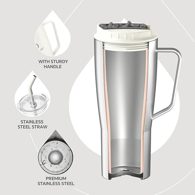 Ideus 32 oz Tumbler with Handle and Straw, Vacuum Insulated Stainless Steel Travel Mug, 100% Leakproof, Cup Holder Friendly, White