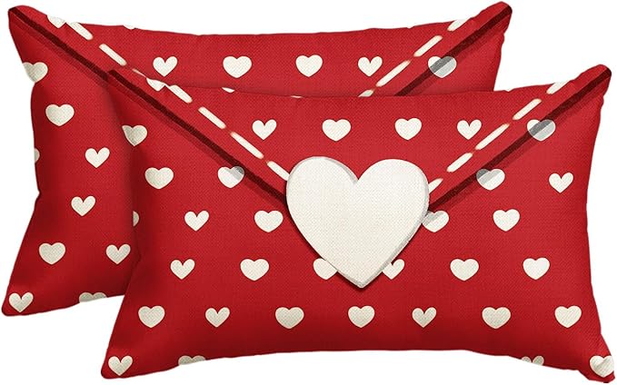 AVOIN colorlife Valentine's Day Envelope Throw Pillow Cover, 12 x 20 Inch White Heart Red Anniversary Wedding Cushion Case Decoration for Sofa Couch Set of 2