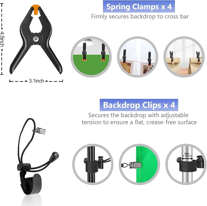 EMART Photo Video Studio Backdrop Stand Kit, 7×10ft Adjustable Photography Support System with Polyester Background(Black/White/Green Screen), Spring Clamps and Carry Bag for Photoshoot