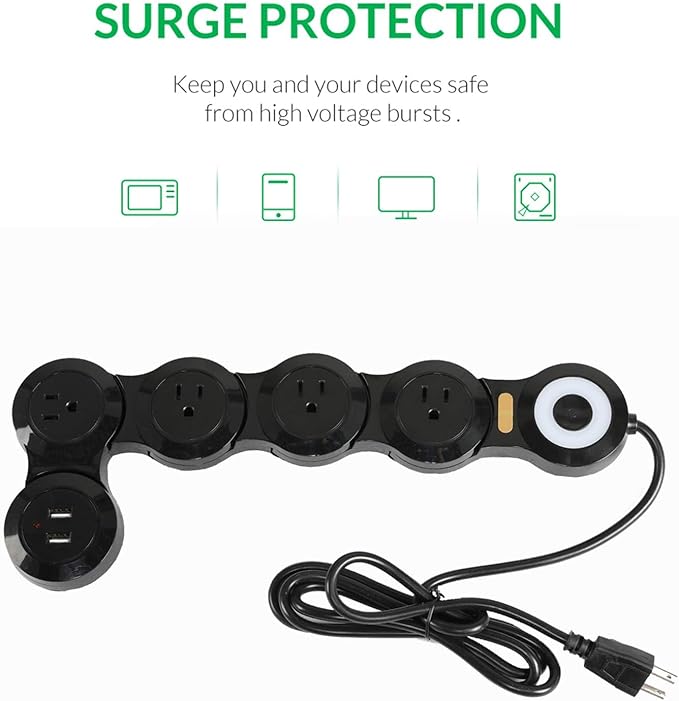 Deformation Power Cord for Large Plug Charger Socket -Flat Plug Power Strip with 2 USB Ports and 4 Multi Outlets, with 6.5FT Extension Cord
