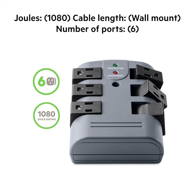 Belkin Power Strip Surge Protector - 6 Rotating AC Multiple Outlets, Flat Pivot Plug - Heavy Duty Wall Outlet Extender for Home, Office, Travel, Computer Desktop & Phone Charging Brick (1,080 Joules)