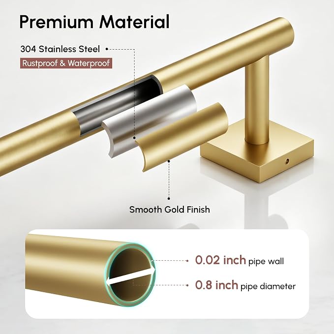 USHOWER Brushed Gold Hand Towel Bar, 9 Inch Towel Racks for Bathroom Wall Mounted, 304 Stainless Steel Towel Holder with Square Base, Modern Home Decor (Total Length 11 Inch)
