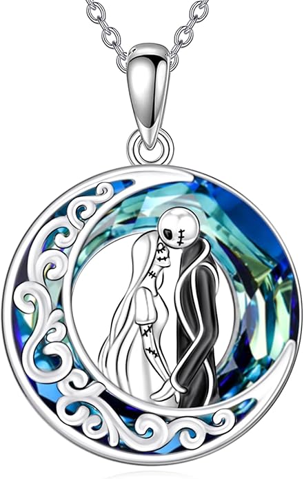 LILALO Christmas Gifts Nightmare Necklace Sterling Silver Abalone Shell Crystal Jack and Sally Necklace Jack Skellington Skull Jewelry Skull Necklaces for Women