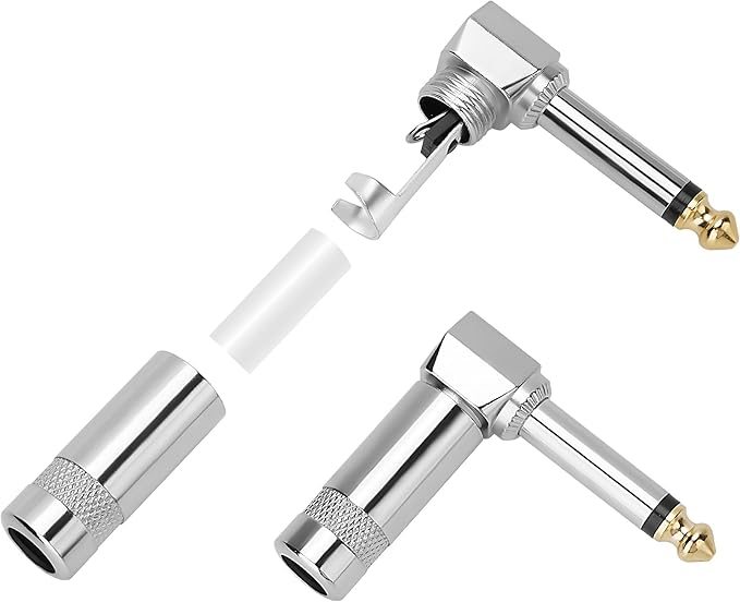 Togconn Right Angle 6.35mm 1/4 Inch TS Mono Plug 2 Pack, 90 Degree 1/4" Solder Type DIY Audio Cable Adapter Connector, Metal Housing for Guitar/Speaker/Microphone Audio Cable Repair Replacement